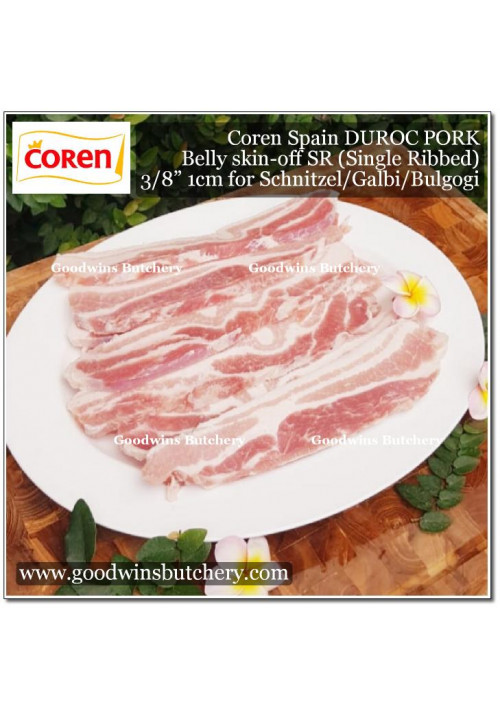 Pork belly samcan SKIN OFF Coren DUROC SELECTA Spain fed with chestnut SR (soft Single Rib) frozen STEAK SCHNITZEL 3/8" 1cm (price/600g 4-5pcs)